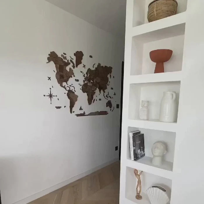 Mappa del Mondo in Legno 3D Noce Scuro