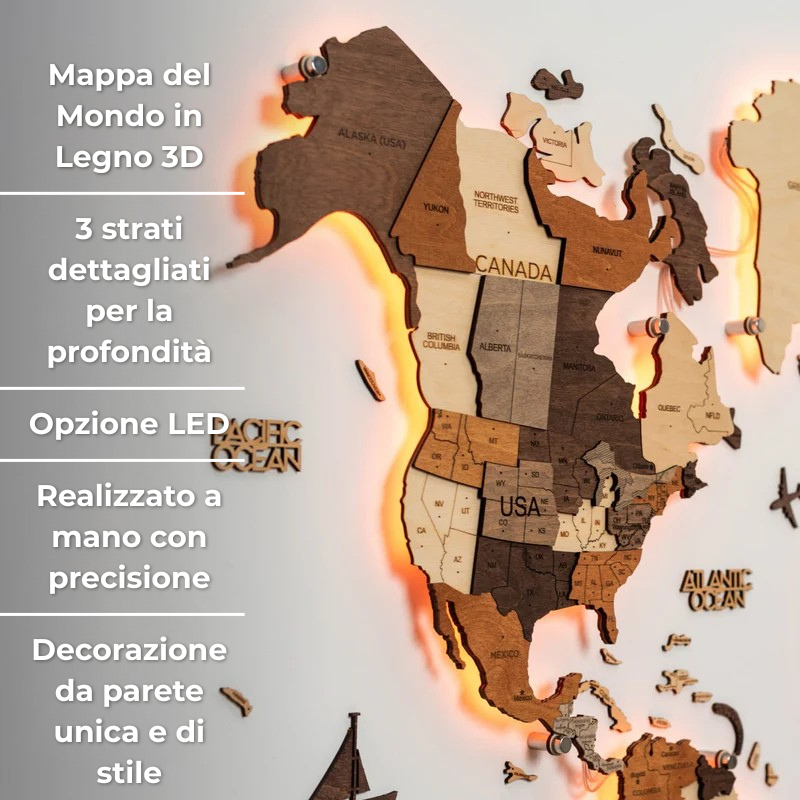 Mappa del Mondo 3D in Legno con LED 3.0 Multicolore