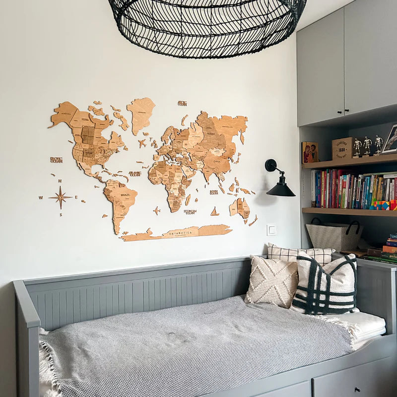 Mappa del Mondo in Legno 3D Chiara
