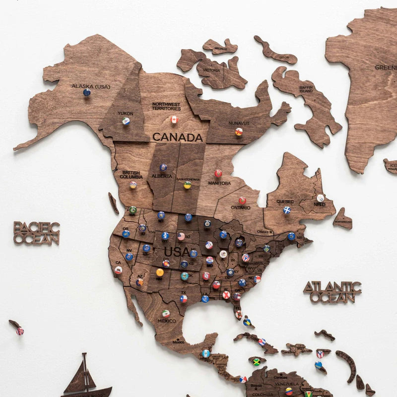 Mappa del Mondo in Legno 3D Noce Scuro
