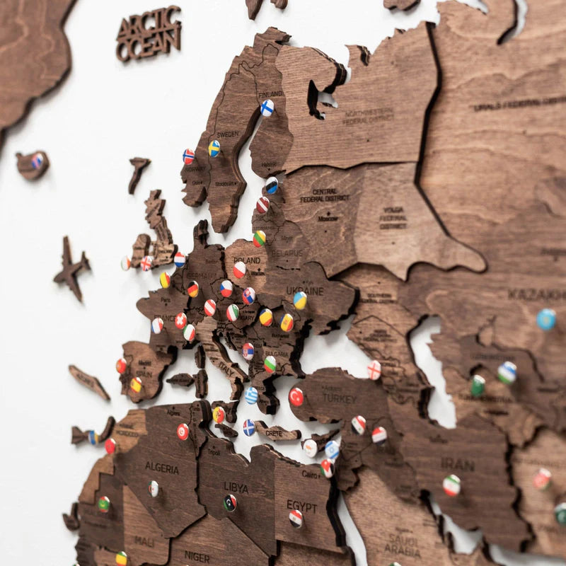 Mappa del Mondo in Legno 3D Noce Scuro