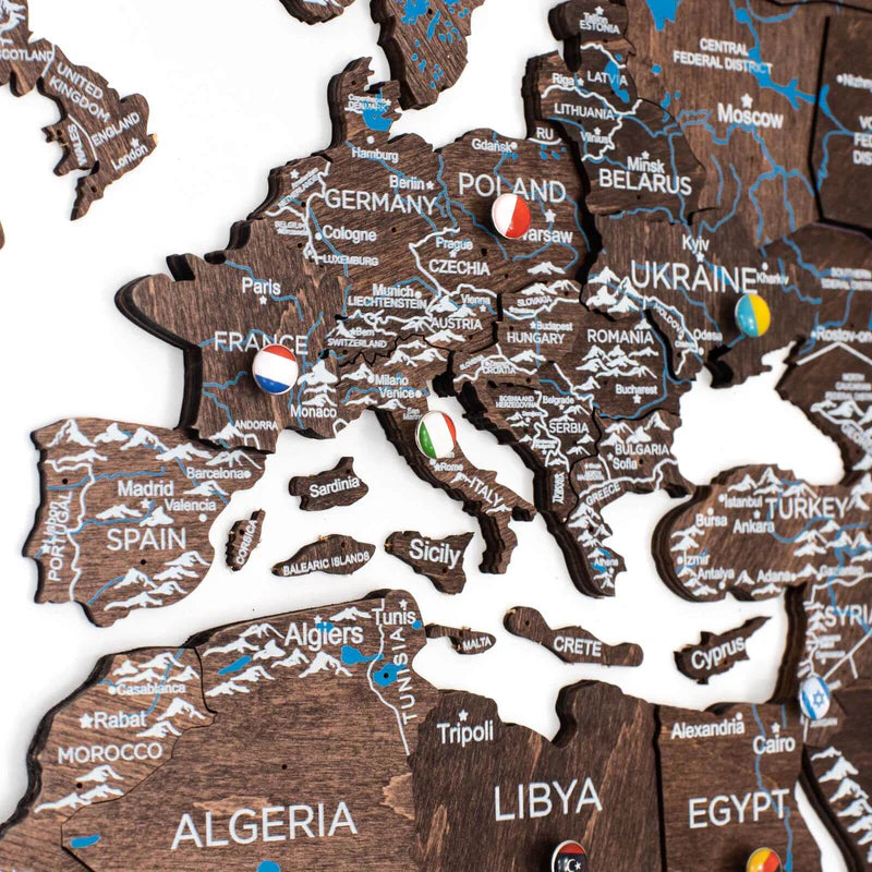 Mappa del Mondo in Legno 3D Noce Scuro