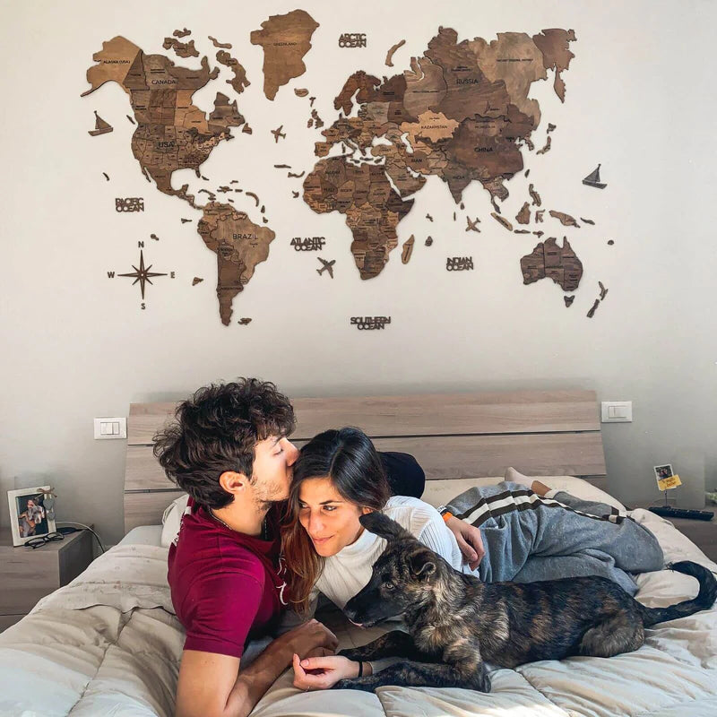 Mappa del Mondo in Legno 3D Noce Scuro