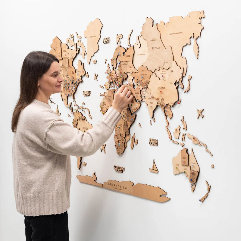 Mappa del Mondo in Legno 3D Chiara