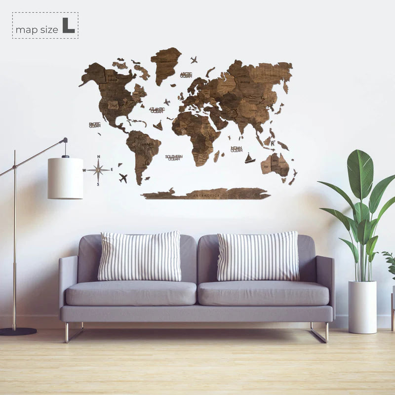 Mappa del Mondo in Legno 3D Noce Scuro