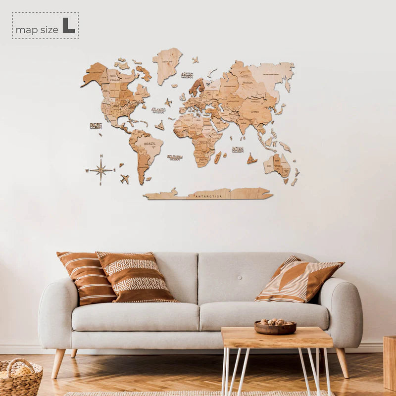 Mappa del Mondo in Legno 3D Chiara