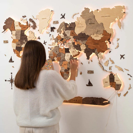 Mappa del Mondo 3D in Legno con LED 3.0 Multicolore