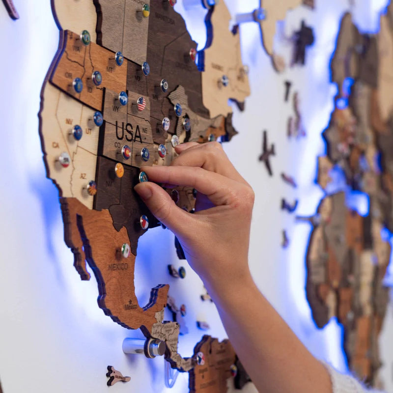 Mappa del Mondo 3D in Legno con LED 3.0 Multicolore