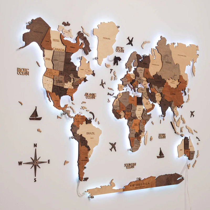 Mappa del Mondo 3D in Legno con LED 3.0 Multicolore