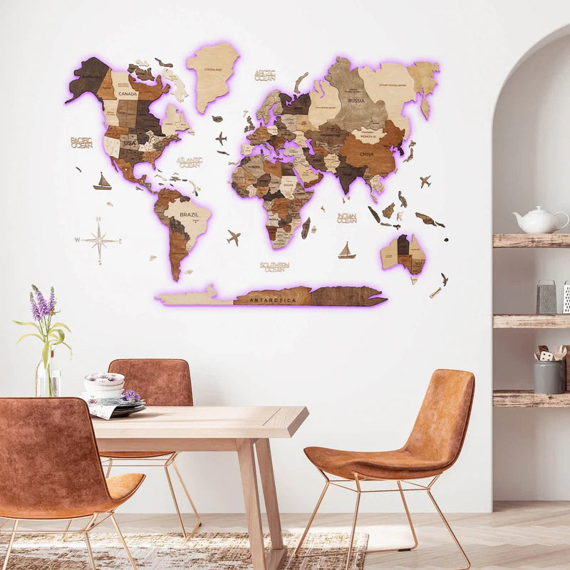 Mappa del Mondo 3D in Legno con LED 3.0 Multicolore