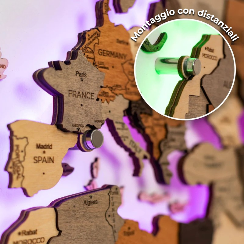 Mappa del Mondo 3D in Legno con LED 3.0 Multicolore
