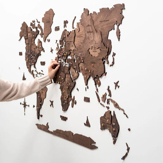 Mappa del Mondo in Legno 3D Noce Scuro