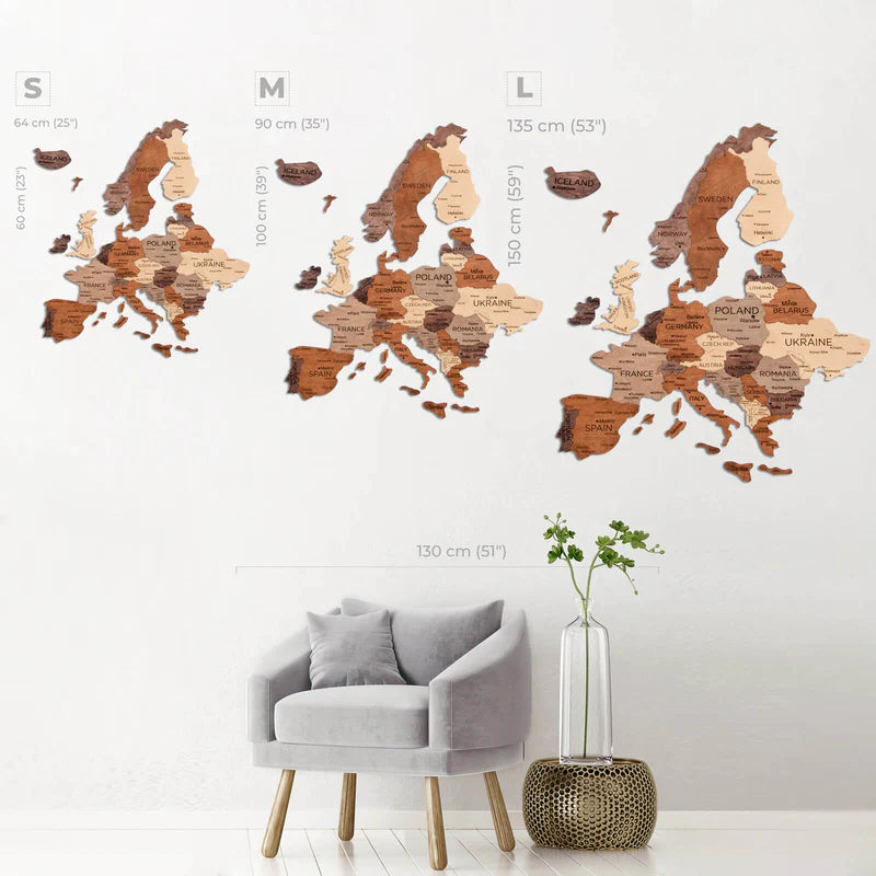 Mappa dell'Europa in legno 3D multicolore