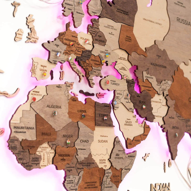 Mappa del Mondo 3D in Legno con LED 3.0 Multicolore