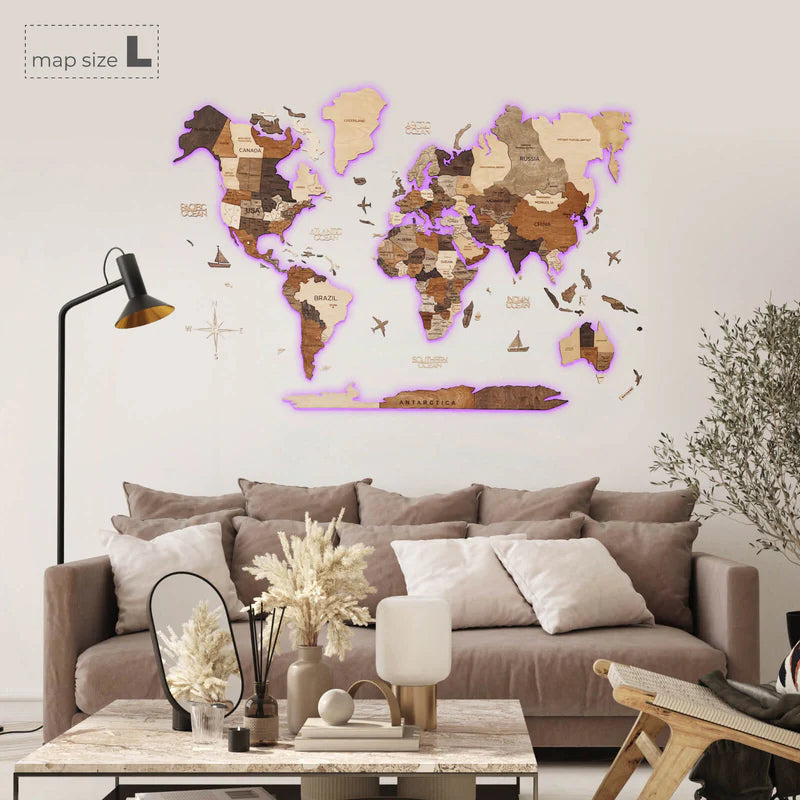 Mappa del Mondo 3D in Legno con LED 3.0 Multicolore