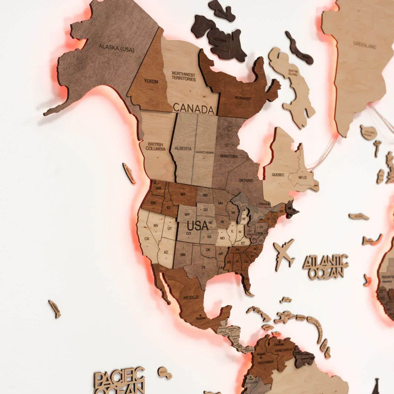 Mappa del Mondo 3D in Legno con LED 3.0 Multicolore